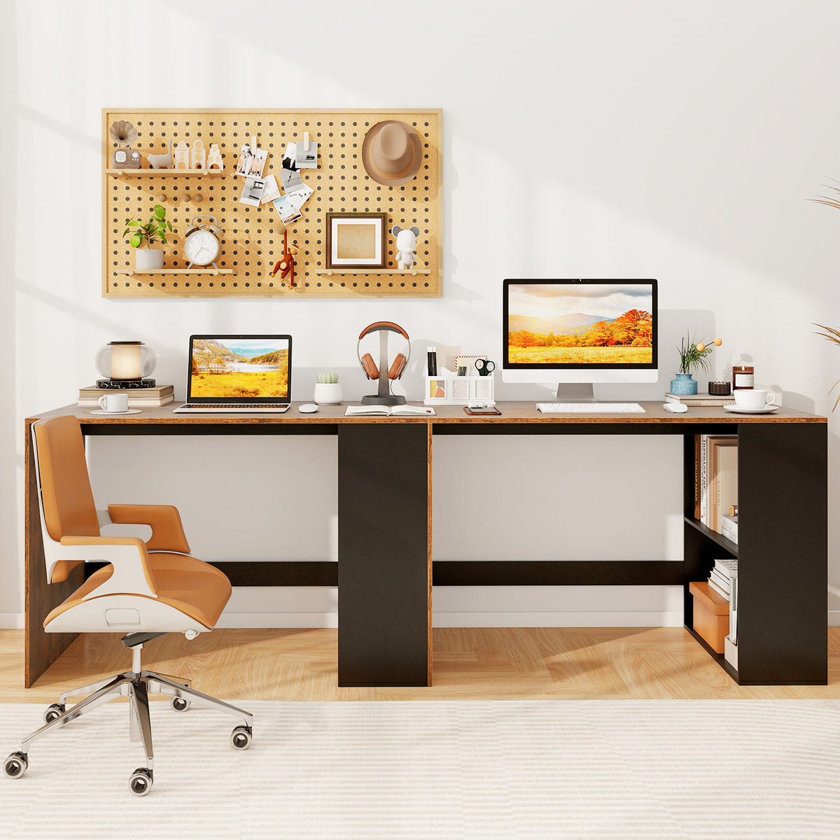 Modern Wooden Office Desk with Storage and 2 Open Shelves-Rustic Brown