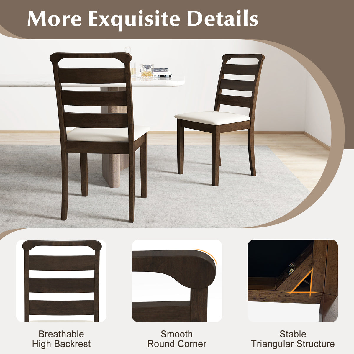 Modern Dining Chair Set of 2 Upholstered Farmhouse Chairs with Rubber Wood Frame-Walnut