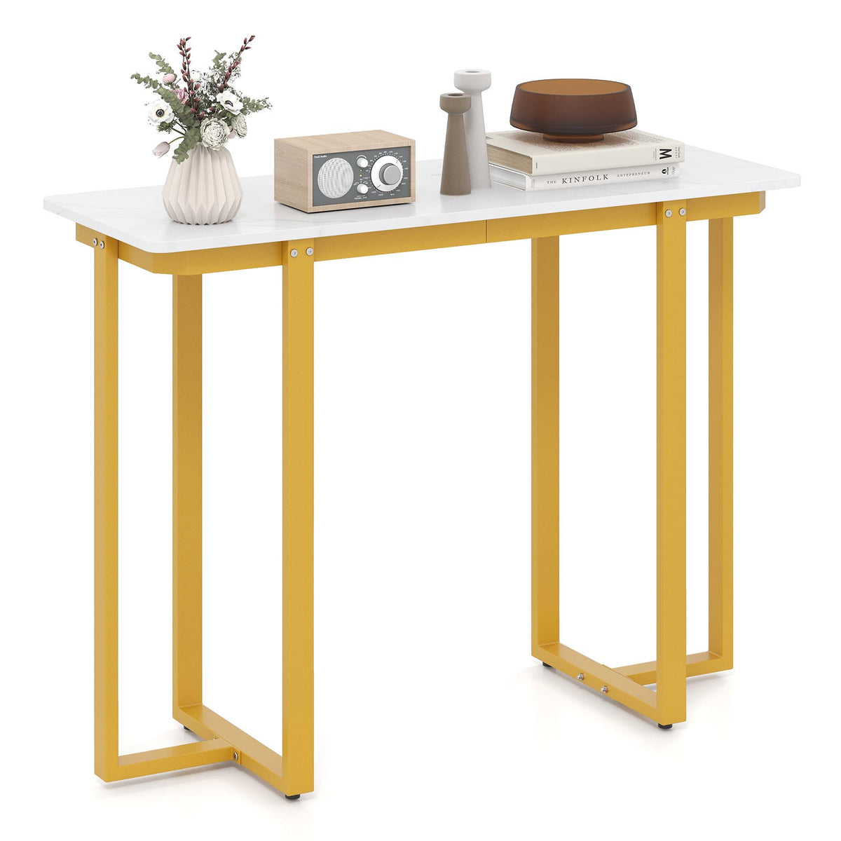 Modern Faux Marble Entryway Console Table with Geometric Metal Frame-White
