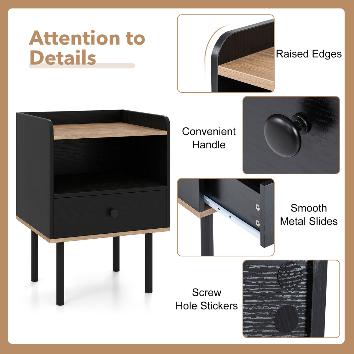 Modern Sofa Side Table with Drawer and Metal Legs for Small Spaces-Black-1 Piece