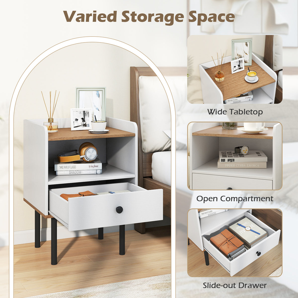Modern Sofa Side Table with Drawer and Metal Legs for Small Spaces-White-1 Piece