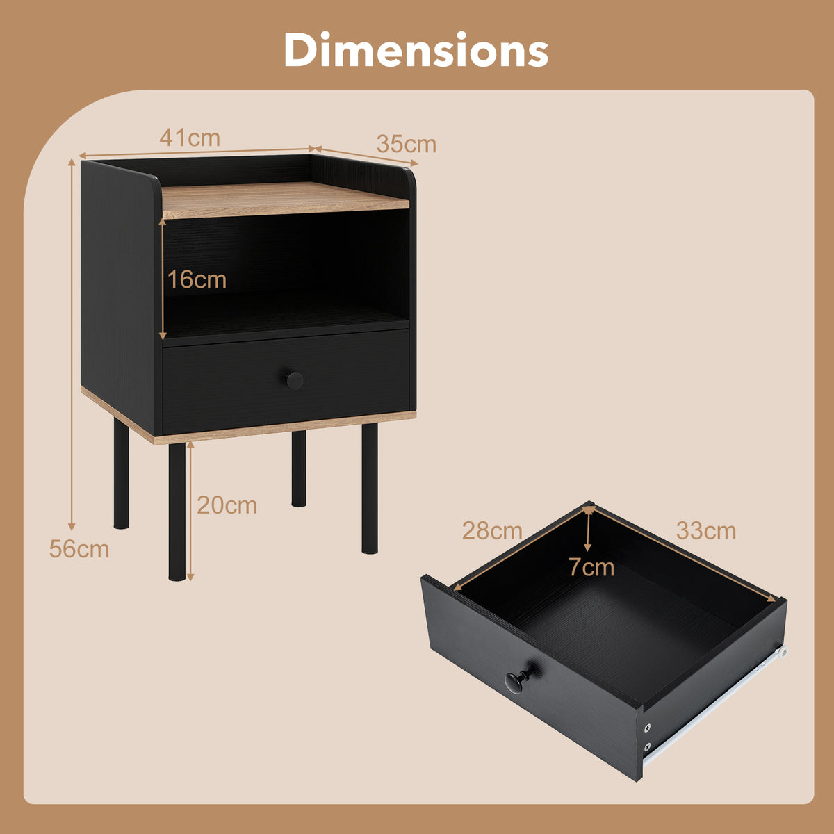 Modern Sofa Side Table with Drawer and Metal Legs for Small Spaces-Black-1 Piece