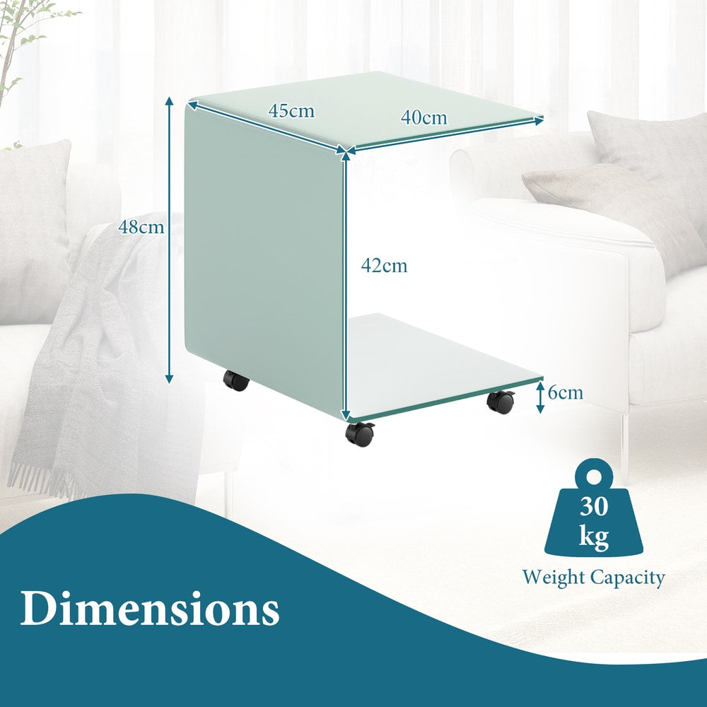 The end table displayed with arrows indicating height and width dimensions against a room backdrop