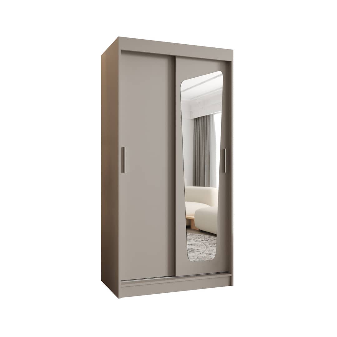 Grey sliding door wardrobe with one mirrored door, presented as a standalone product