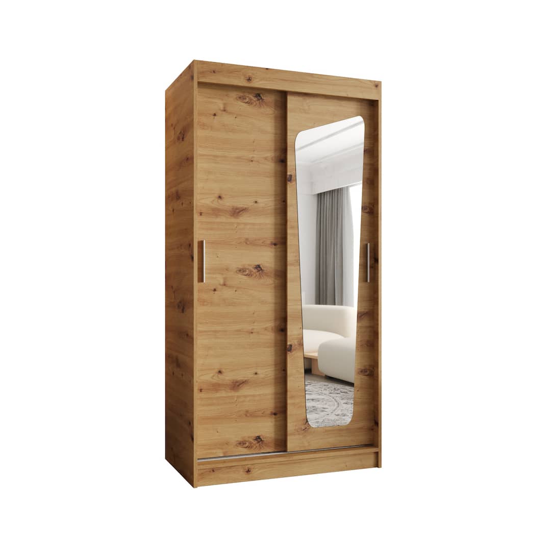 Wood effect sliding door wardrobe with one mirrored door, presented as a standalone product