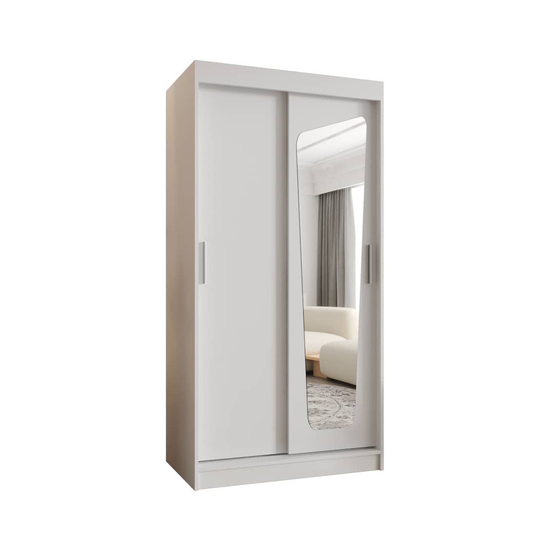 White sliding door wardrobe with one mirrored door, presented as a standalone product