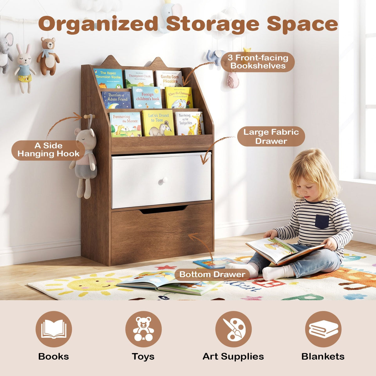 Montessori Wooden Toddler Bookcase & Toy Storage Organizer for Nursery-Natural