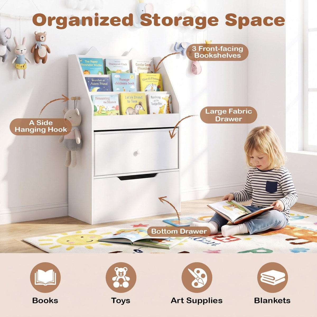 Montessori Wooden Toddler Bookcase & Toy Storage Organizer for Nursery-White