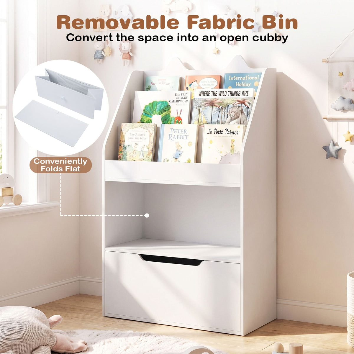 Montessori Wooden Toddler Bookcase & Toy Storage Organizer for Nursery-White