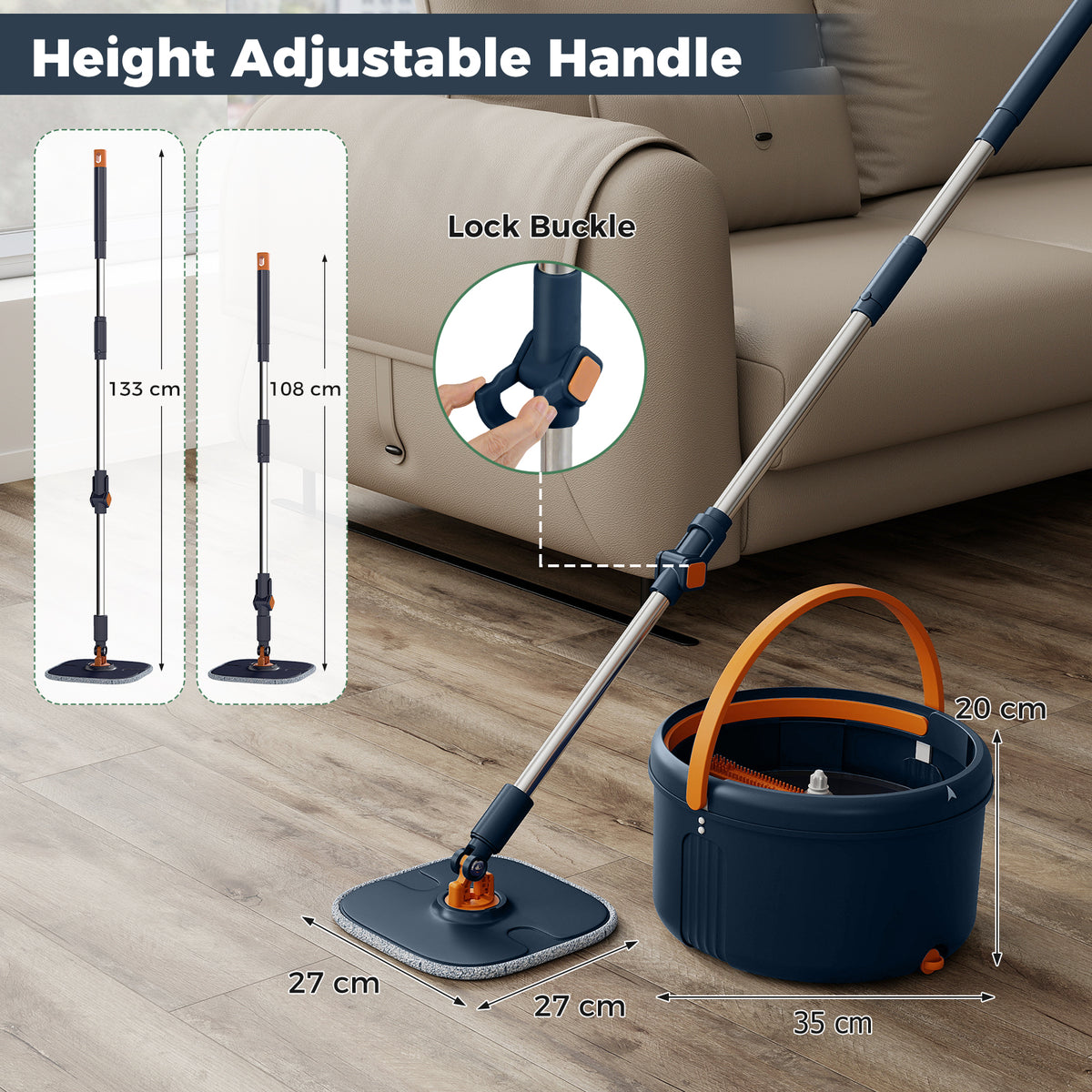 Mop and Bucket Set with Wringer Flat Floor Mop and Bucket System with 2/8 Washable Microfiber Pads-Navy