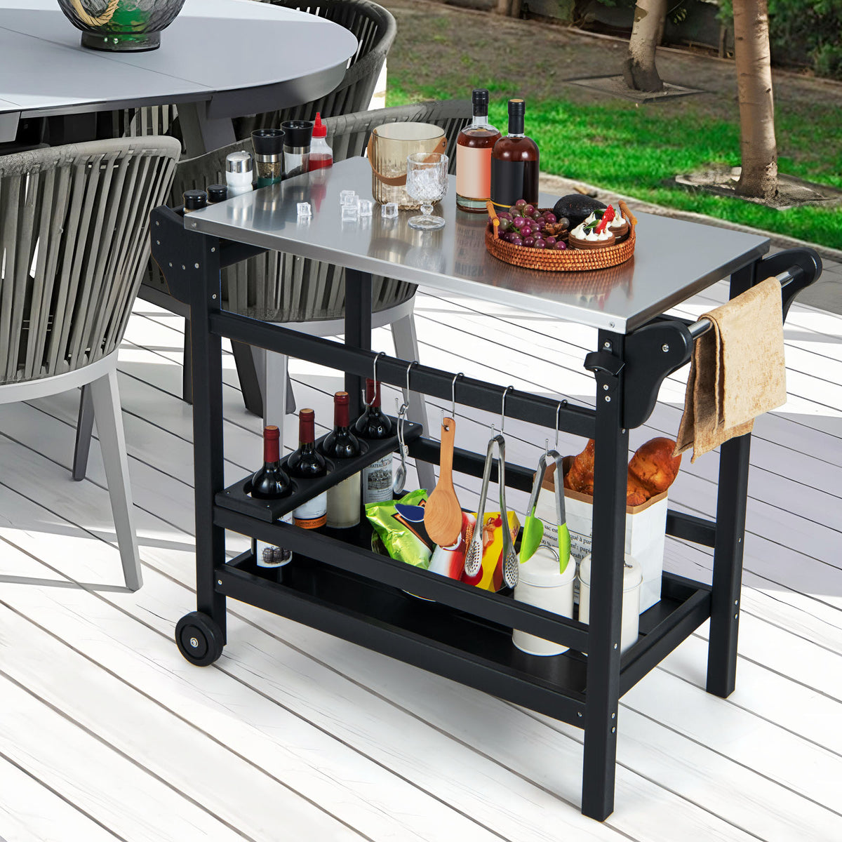 Movable Outdoor Dining Cart HDPE Pizza Oven Stand Table-Black