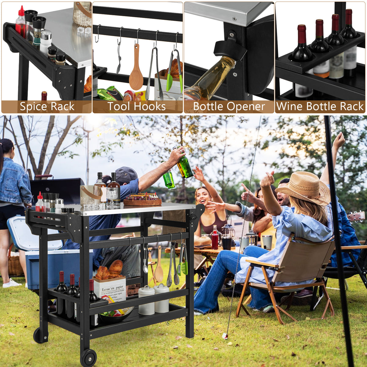 Movable Outdoor Dining Cart HDPE Pizza Oven Stand Table-Black