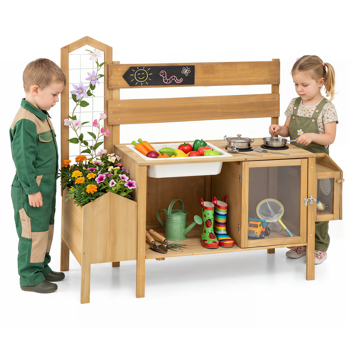 Mud Kitchen for Kids with Detachable Bird Cage and Planter Box for Toddlers Aged 3+-Natrual