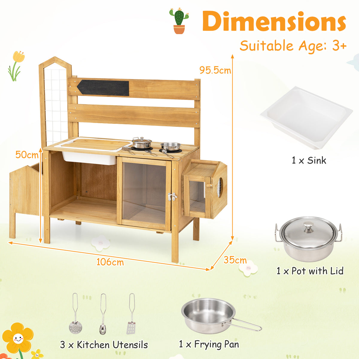 Mud Kitchen for Kids with Detachable Bird Cage and Planter Box for Toddlers Aged 3+-Natrual