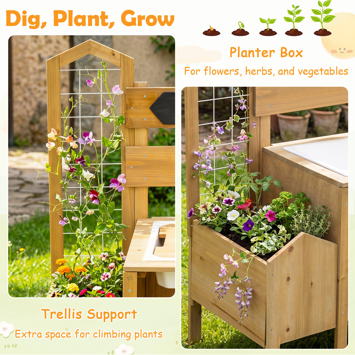 Mud Kitchen for Kids with Detachable Bird Cage and Planter Box for Toddlers Aged 3+-Natrual