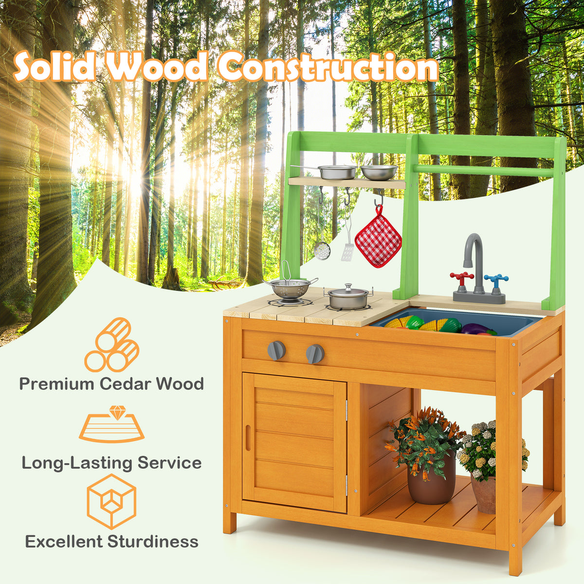 Outdoor Play Kitchen with Realistic Stoves and Cookware Accessories-Orange