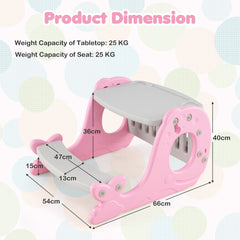 Product dimension diagram for the pink kids table and chair set