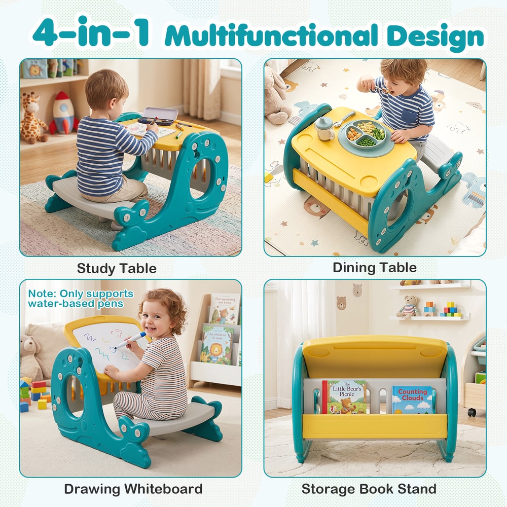 The kids table and chair set showing four different ways to use the furniture piece
