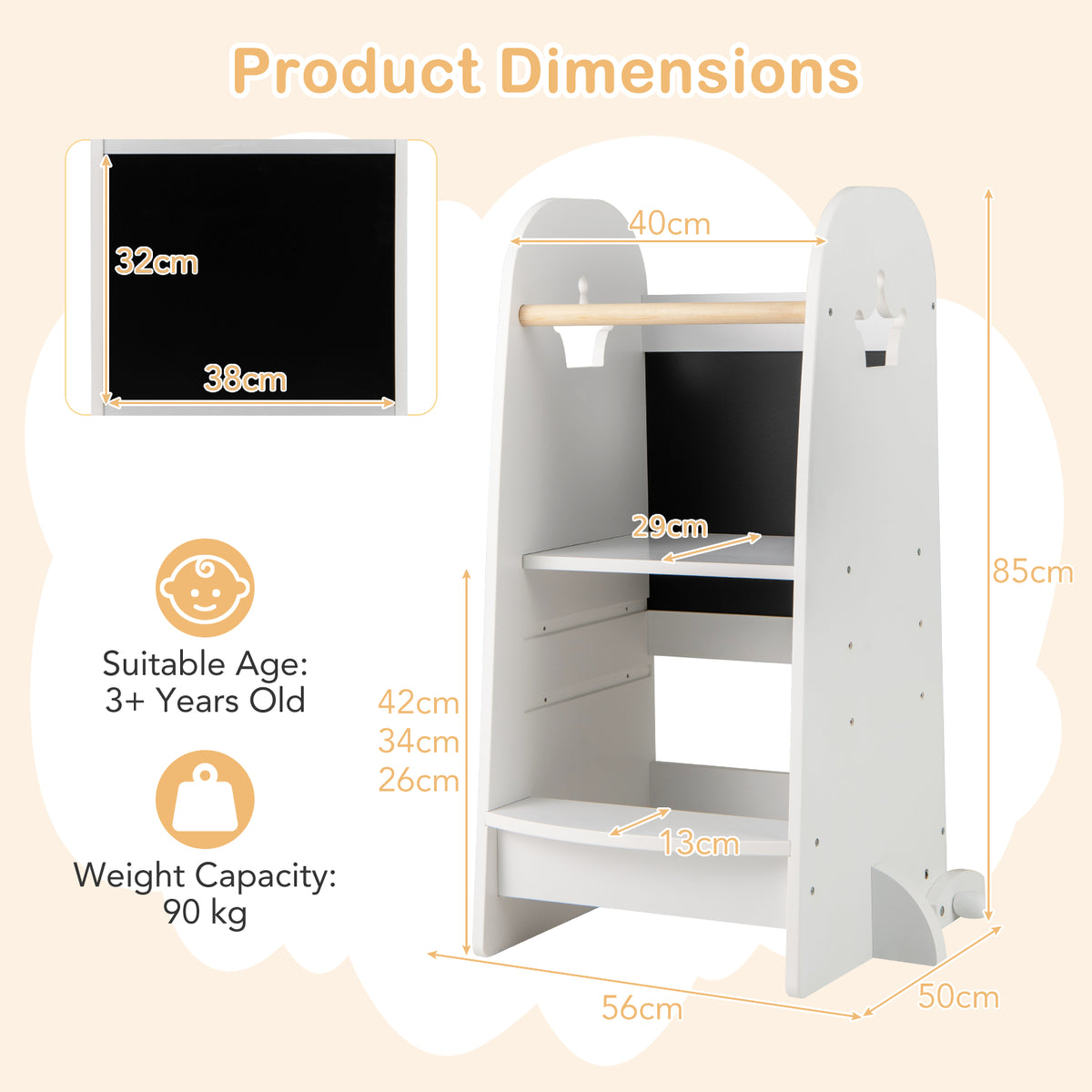 Multi-purpose Kids Kitchen Tower Children Standing Tower-White
