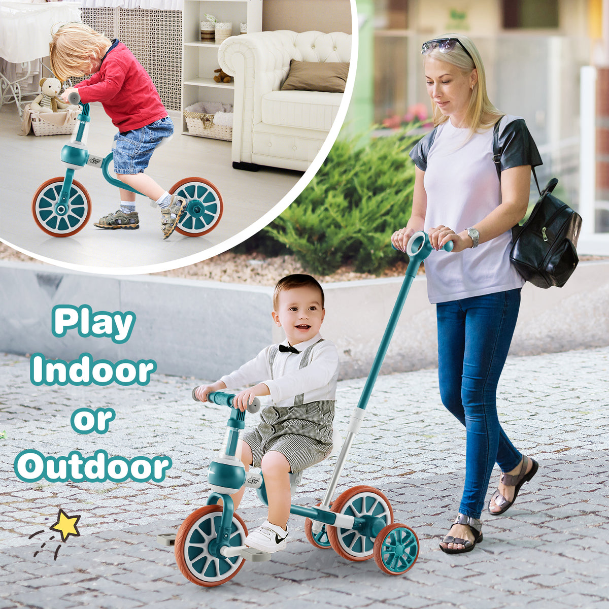 4-in-1 Multifunctional Kids Training Balance Trike wih Adjustable Push Handle-Green