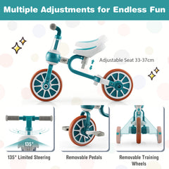 4-in-1 Multifunctional Kids Training Balance Trike wih Adjustable Push Handle-Green