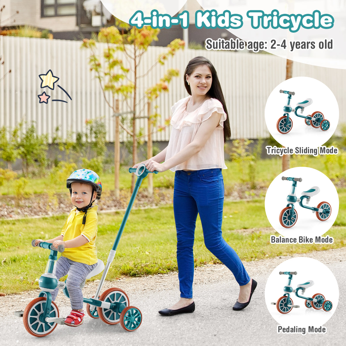 4-in-1 Multifunctional Kids Training Balance Trike wih Adjustable Push Handle-Green