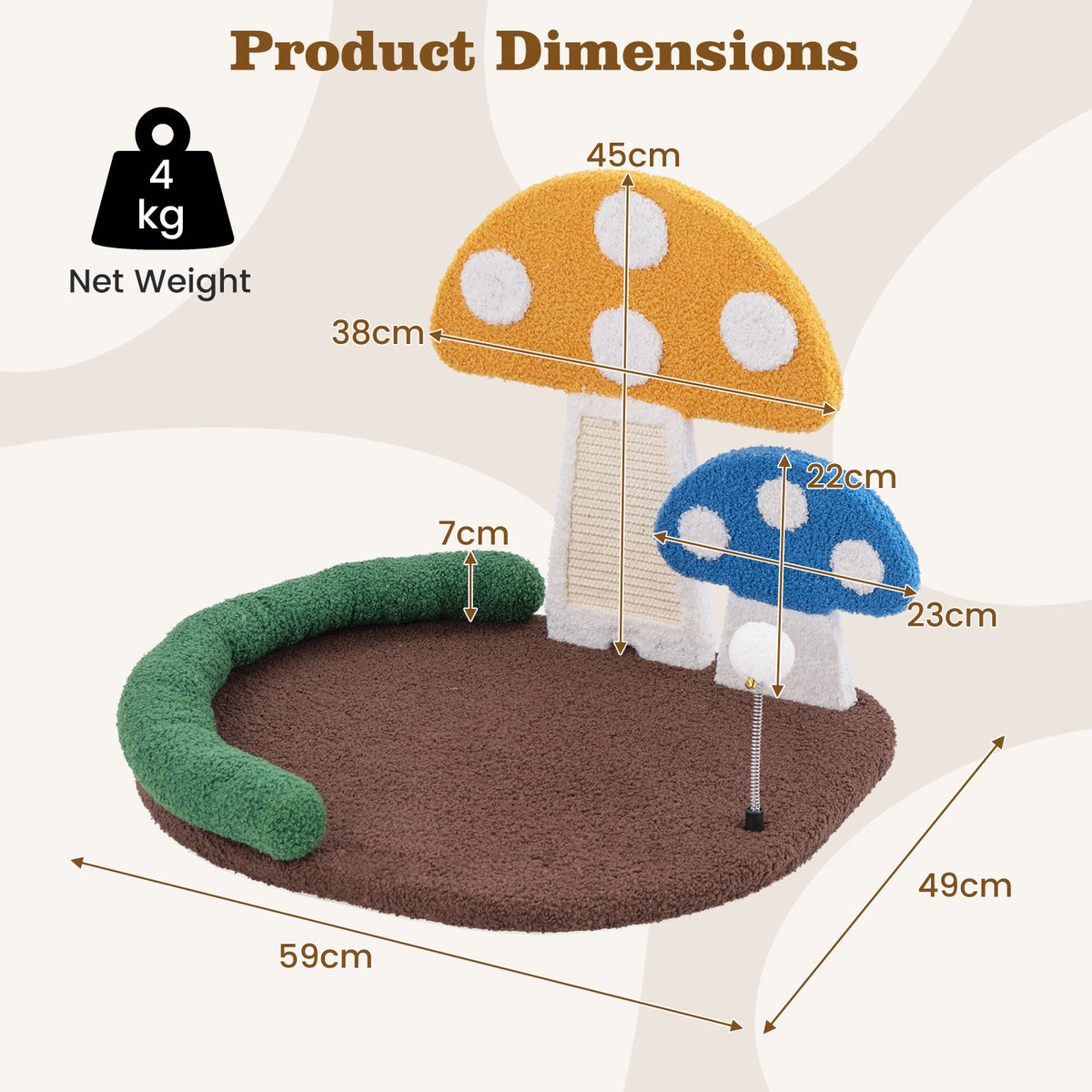 Mushroom Cat Bed with Wide Large Platform and Sisal Scratching Panel-Multicolor