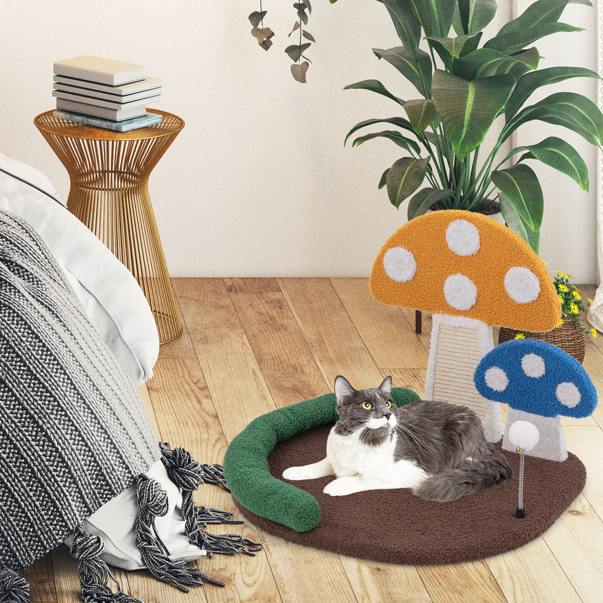 Mushroom Cat Bed with Wide Large Platform and Sisal Scratching Panel-Multicolor