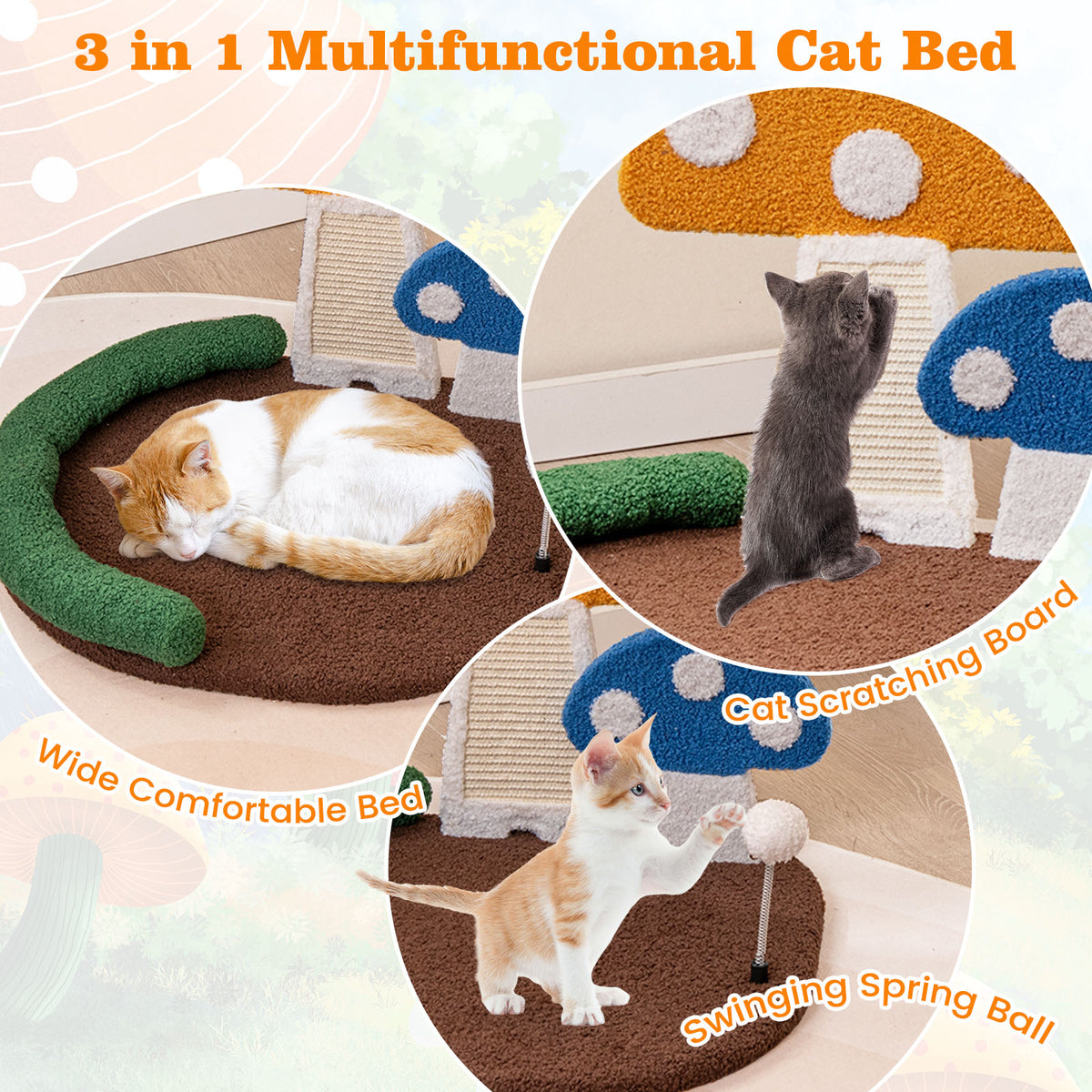 Mushroom Cat Bed with Wide Large Platform and Sisal Scratching Panel-Multicolor