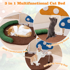 Mushroom Cat Bed with Wide Large Platform and Sisal Scratching Panel-Multicolor