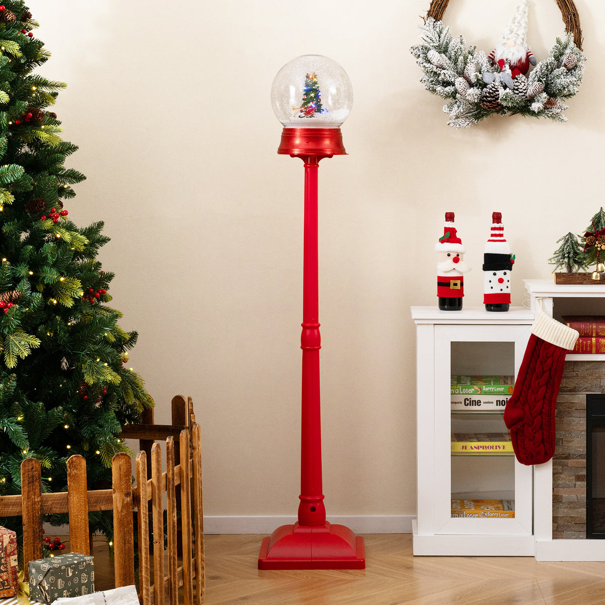 5 Feet Musical Christmas Street Lamp Snow Globe Lantern on Stand with 8 Tunes-Red