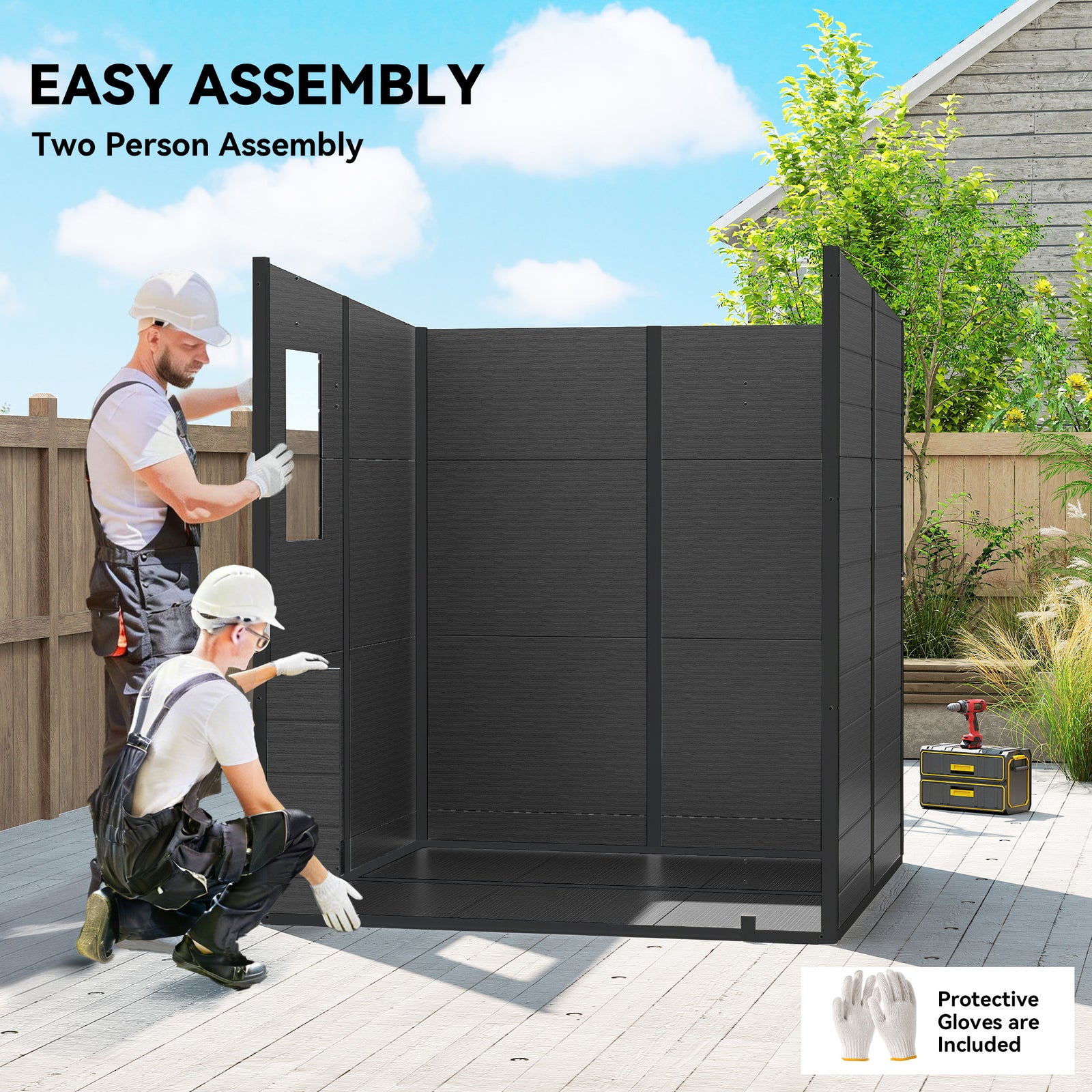 Outsunny 6 x 6 ft Plastic Garden Shed, Wood-Effect Outdoor Storage Shed with Floor, Windows, Lockable Doors and Vents, Dark Grey