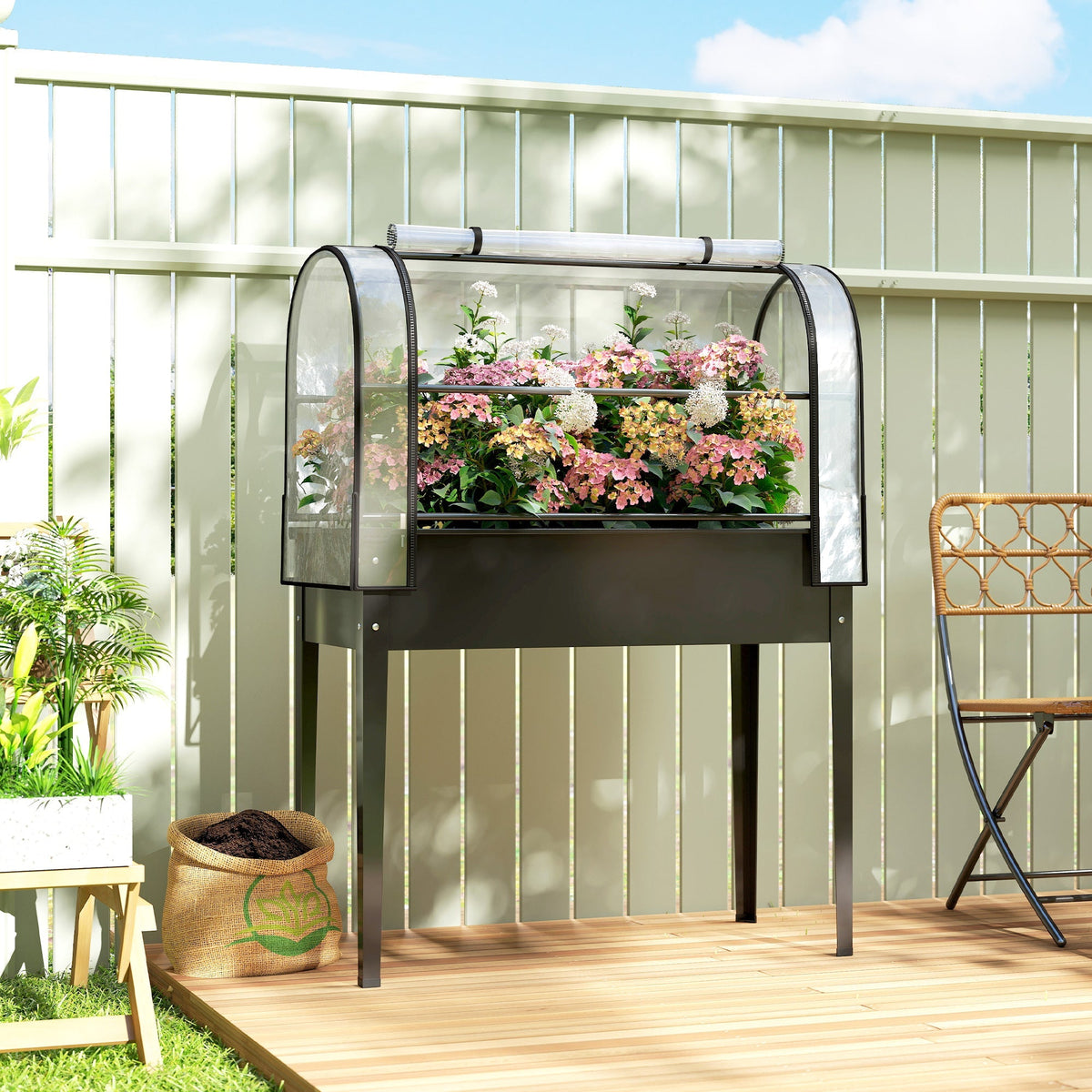 Outsunny Raised Planter with Flip-Up Greenhouse Cover, Metal Raised Garden Bed on Legs with Drainage Hole, Black