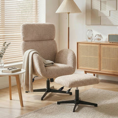 HOMCOM Swivel Armchair and Footstool Set, Height Adjustable Accent Chair with Adjustable Headrest, Rocking Function, Light Brown