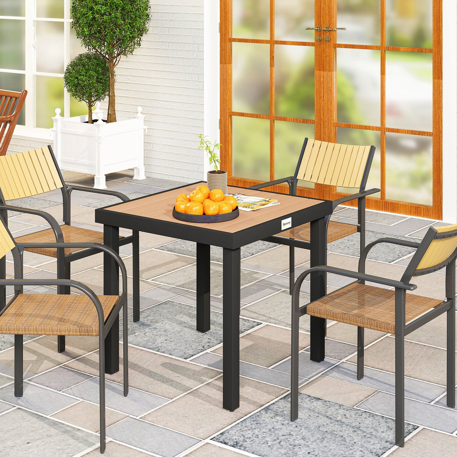 Outsunny 78 cm Garden Dining Table for 4 People, Square Outdoor Coffee End Side Table with Aluminium Legs, Natural Wood Finish
