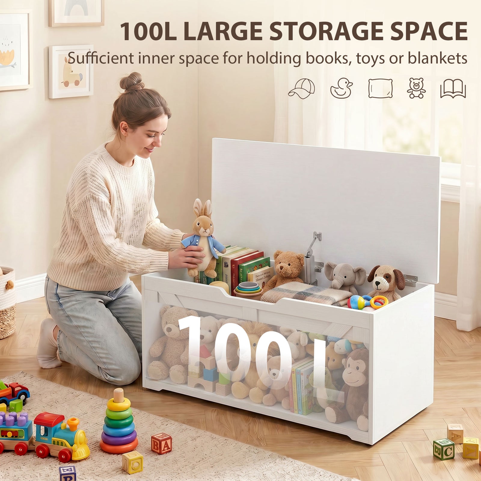 HOMCOM 100L Home Storage Box, with Safety Hinge - White Wood-Effect