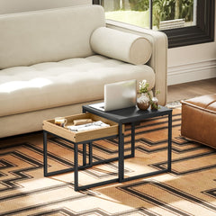 The two coffee tables are arranged in a living room with a laptop and vase on them