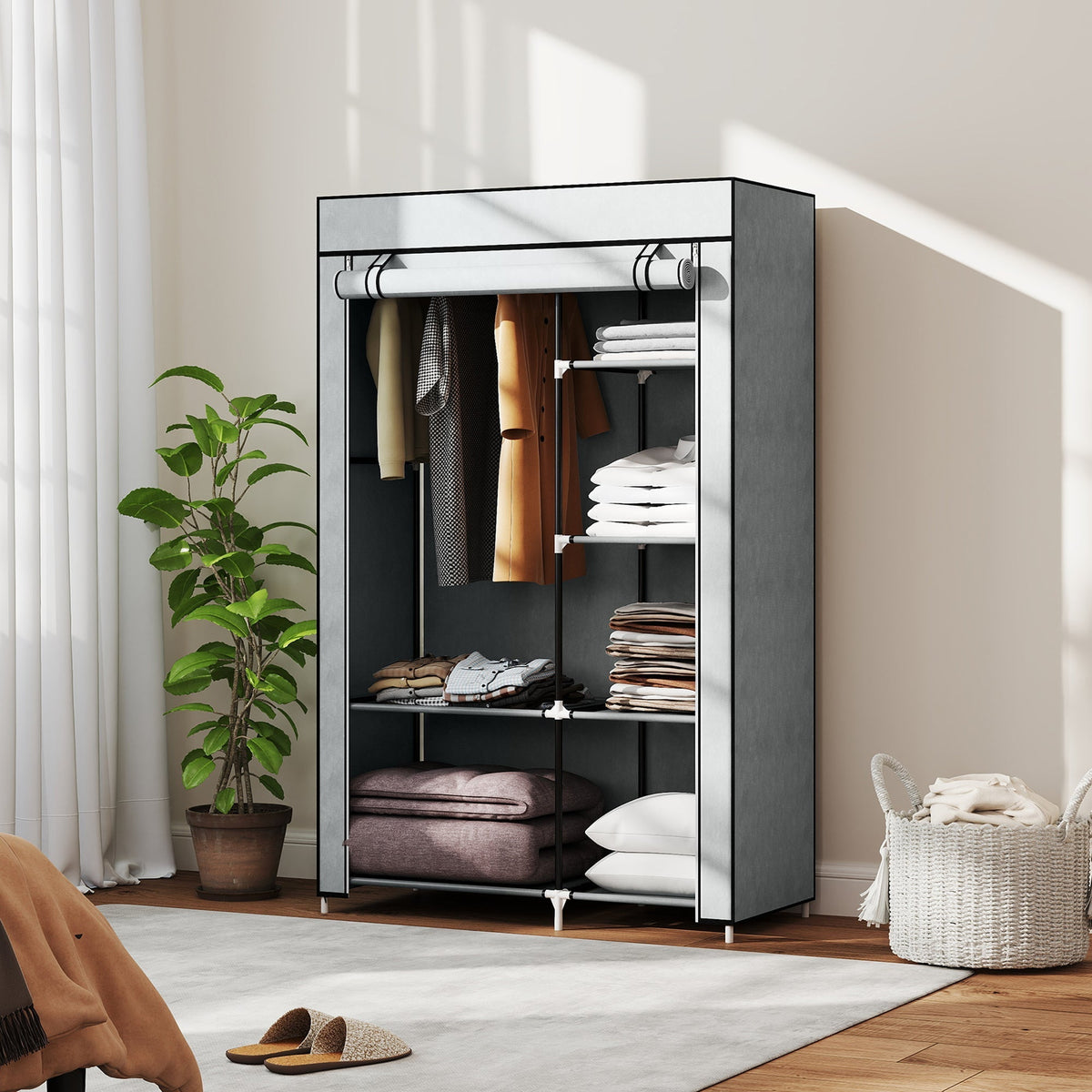 HOMCOM Fabric Wardrobe, Portable Wardrobe with 6 Shelves, 1 Hanging Rail, Foldable Closets, 103 x 43 x 162.5 cm, Light Grey