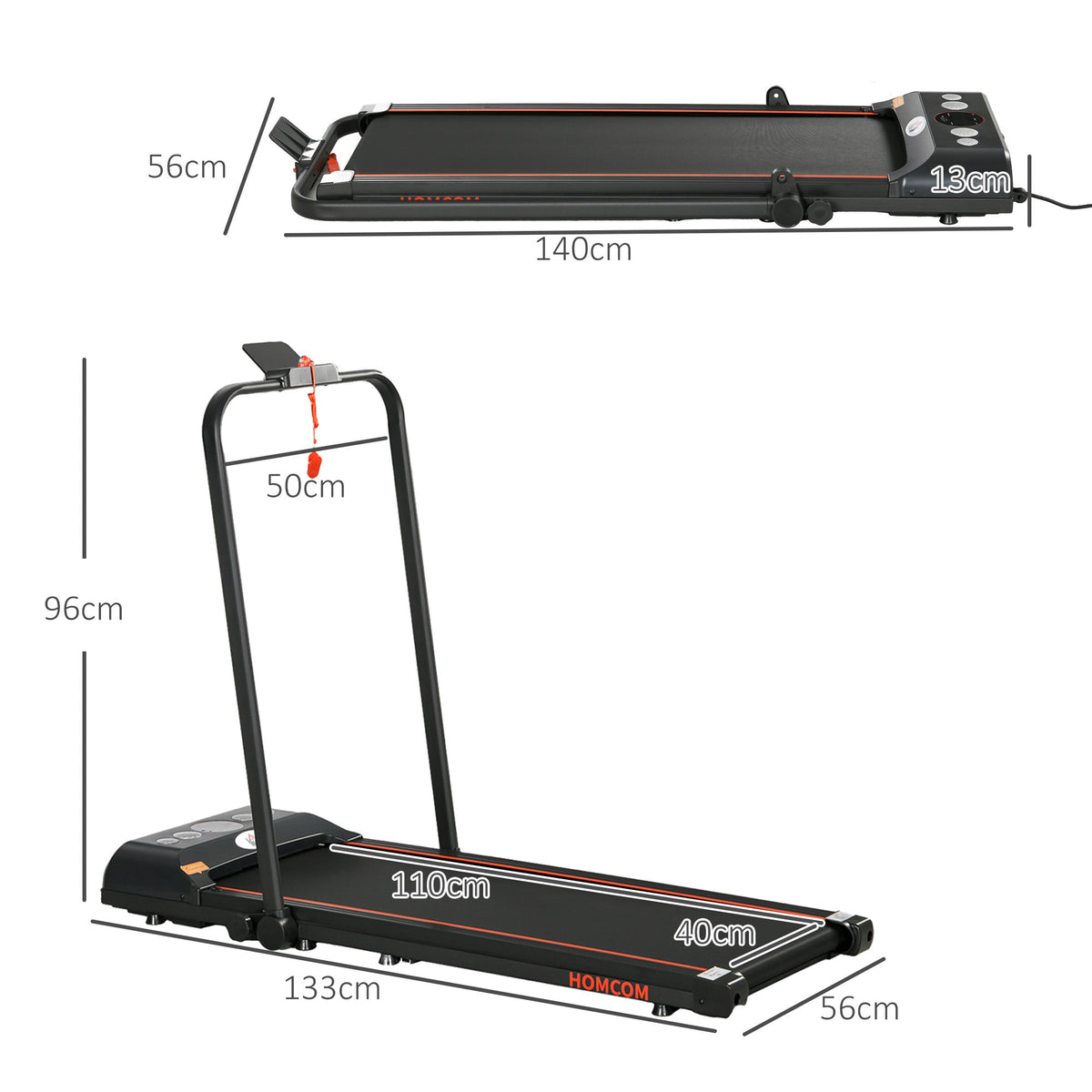 HOMCOM Foldable Walking Treadmill, with LED Display and Wheels, for Home, Office, Gym, Red