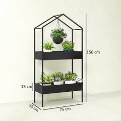 Outsunny 2 Tier Plant Stand, Outdoor Indoor Metal Plant Stand with Hook, House-Shaped Pots Holder Display Rack, Black