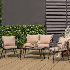 4 Piece Patio Conversation Set with Seat Back Cushions-Beige