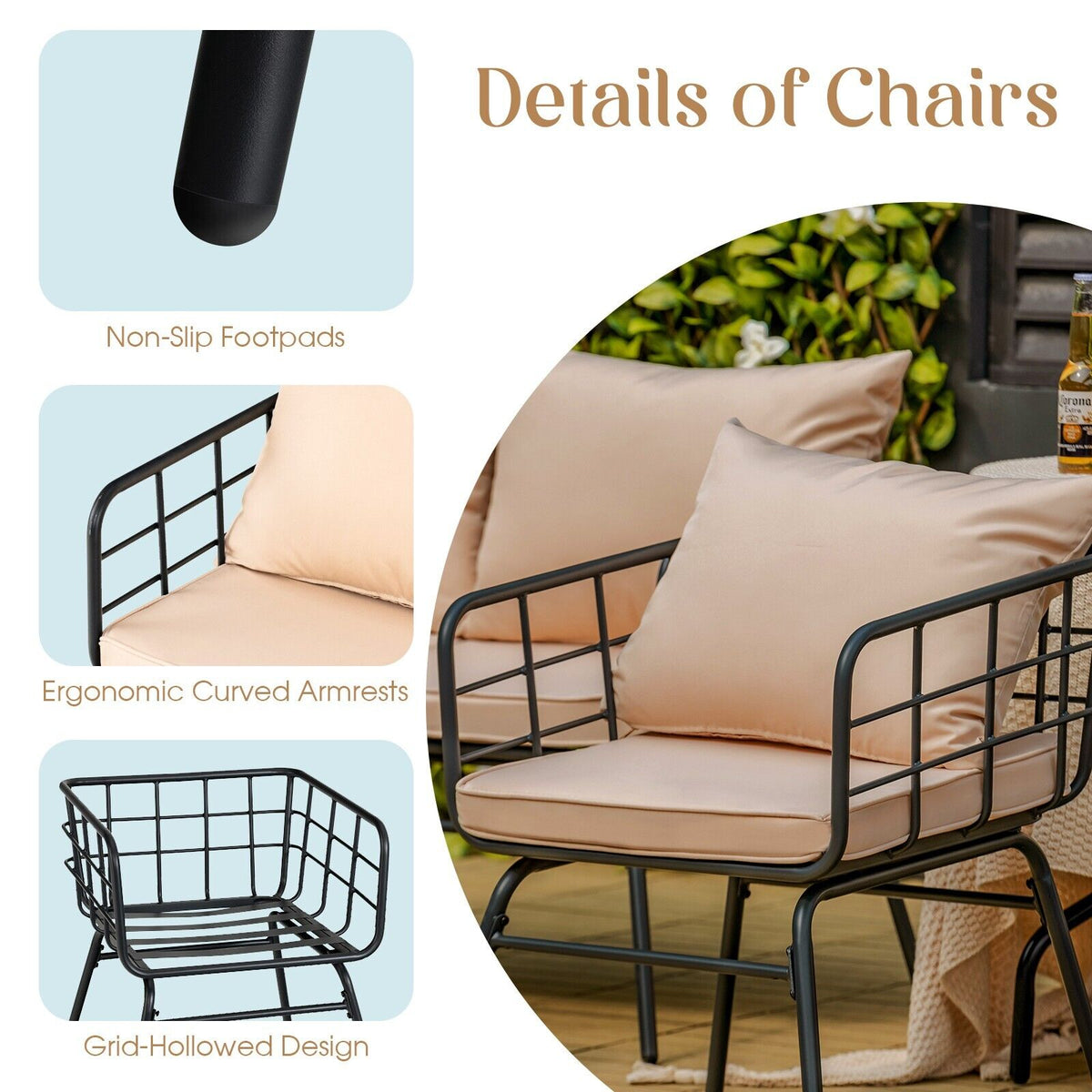 4 Piece Patio Conversation Set with Seat Back Cushions-Beige