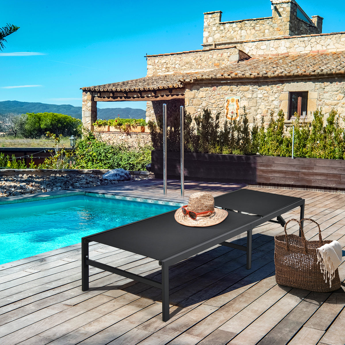 Outdoor Adjustable Chaise Lounge Chair with 5-Position Backrest-Black