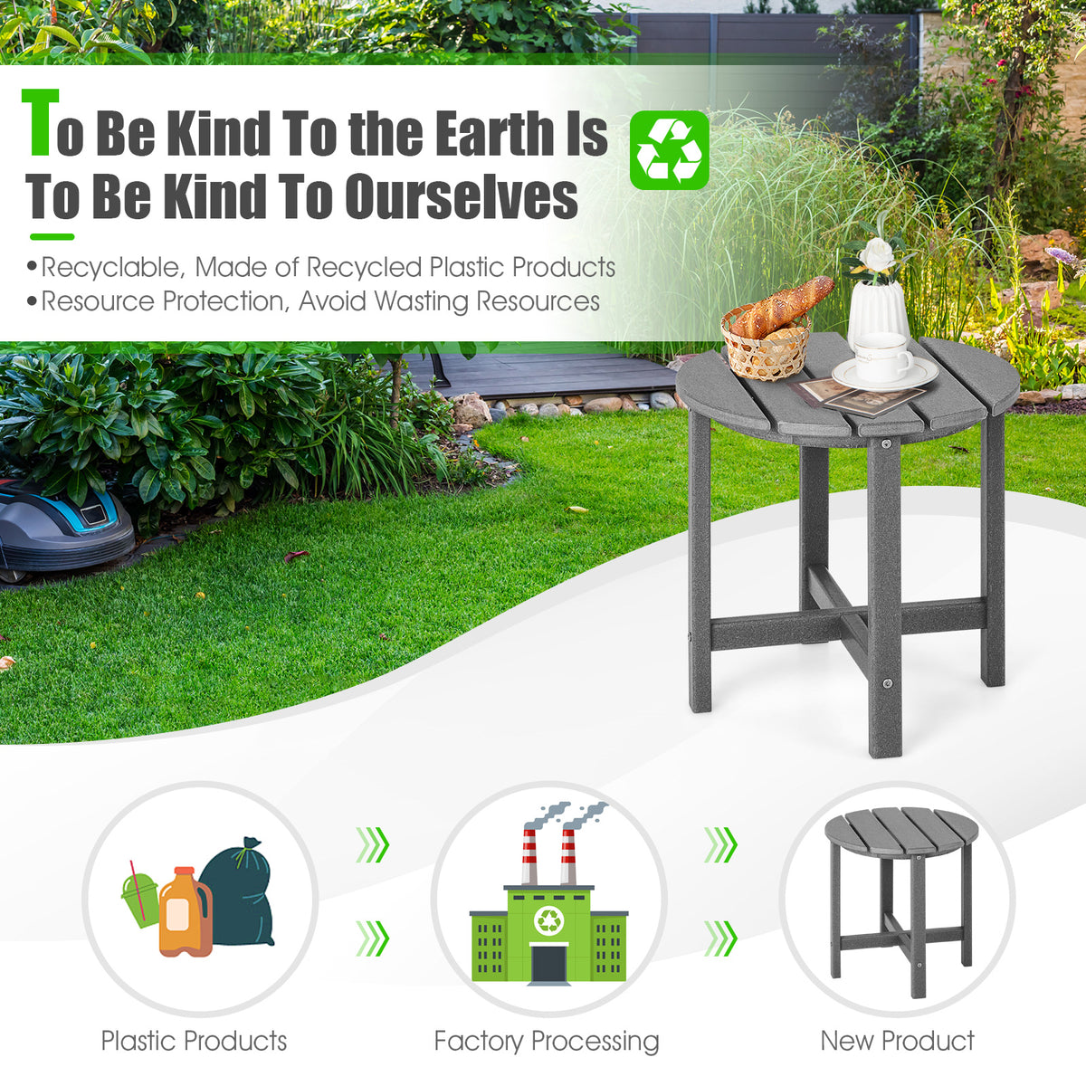 Patio Round HDPE Side Table for Yard Porch Garden-Grey