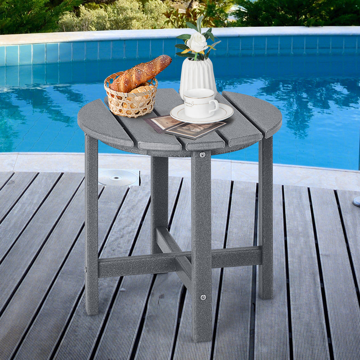 Patio Round HDPE Side Table for Yard Porch Garden-Grey