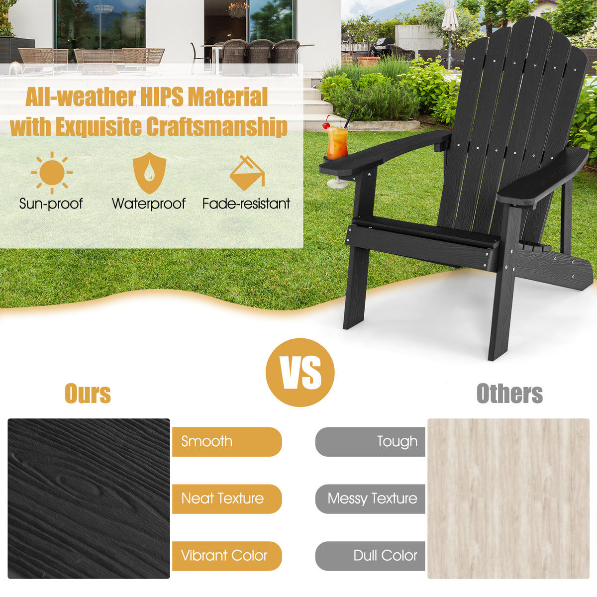 Adirondack Chair with Movable Cup Holder for Fire Pit Beach Deck -Black