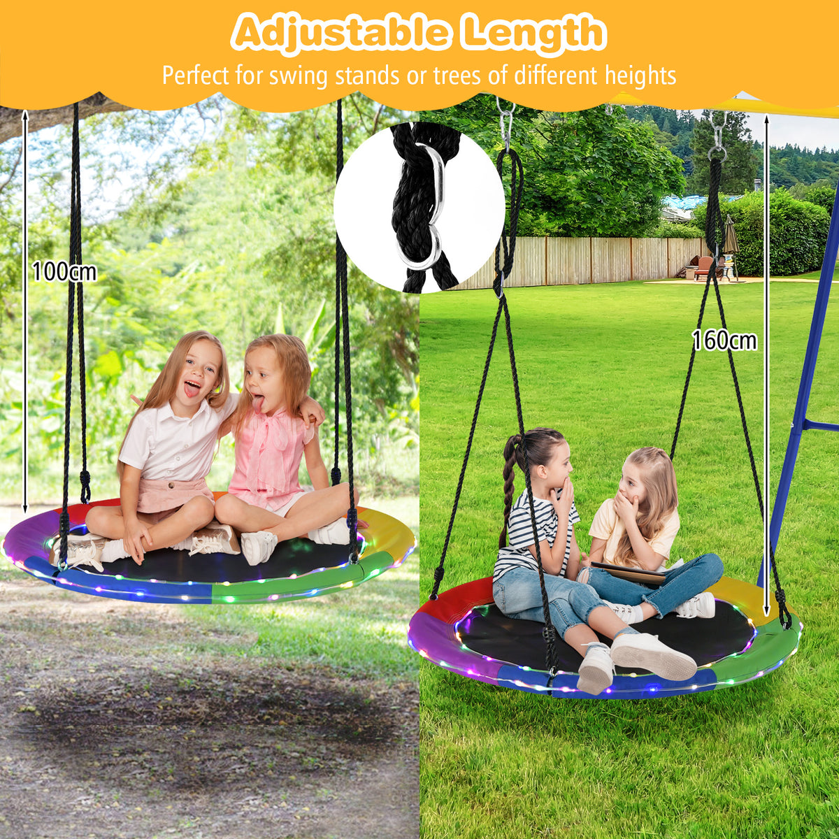 100cm Round Hanging Tree Swing Seat with LED Light-Multicolor