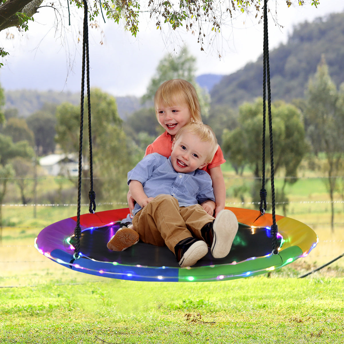100cm Round Hanging Tree Swing Seat with LED Light-Multicolor