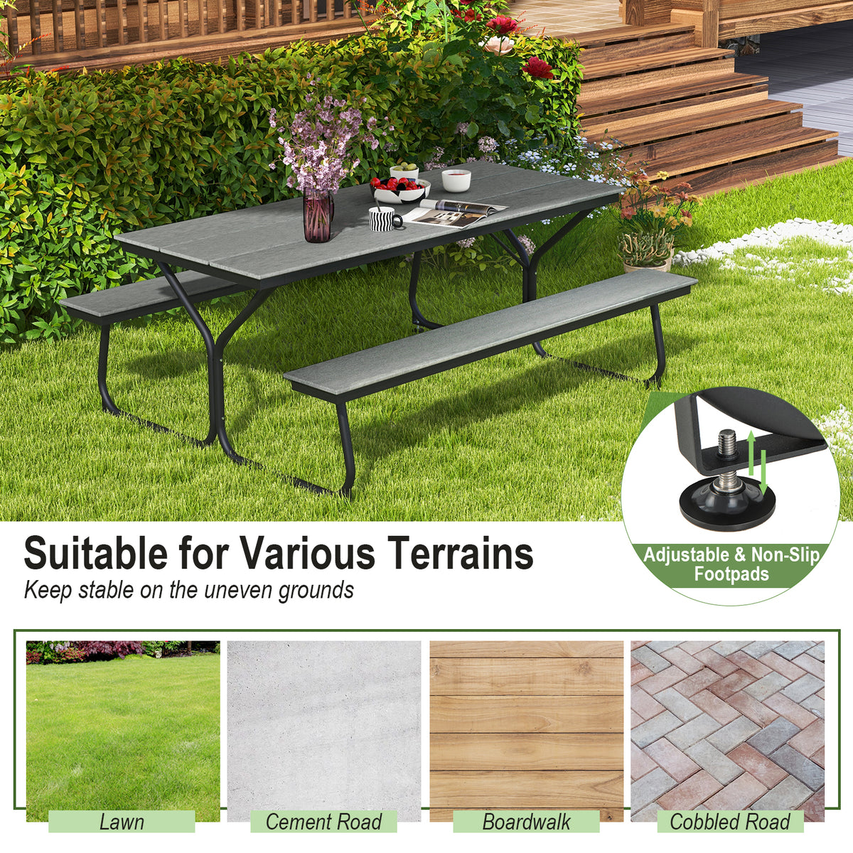 Outdoor Picnic Table Bench Set for 6-8 People-Grey