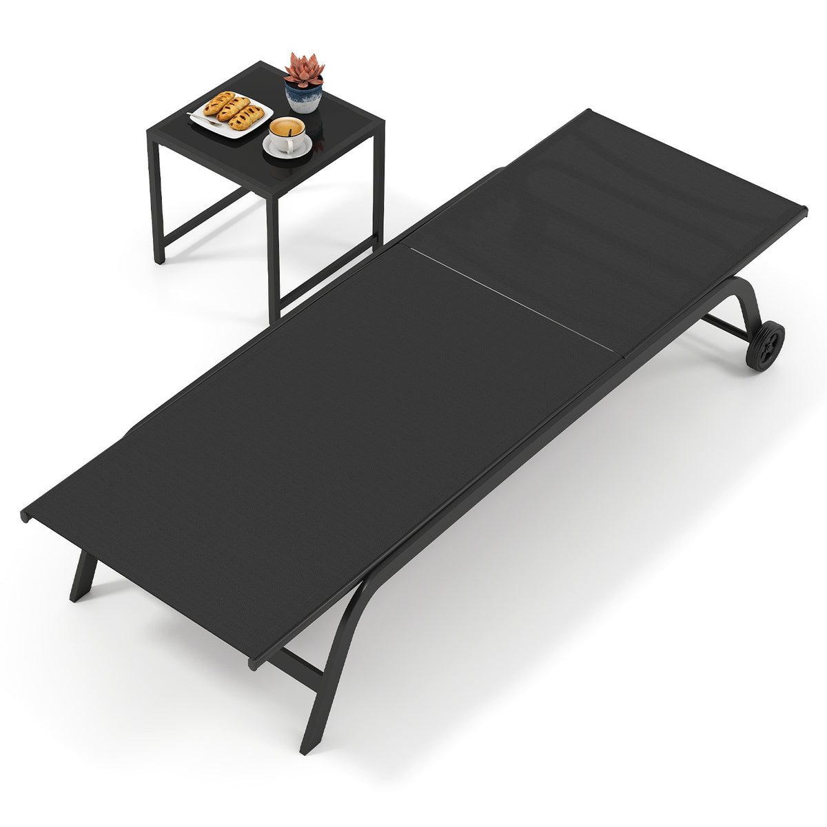 6-Position Outdoor Chaise Lounge Chair Set with Wheels and 180° Full Flat-Black